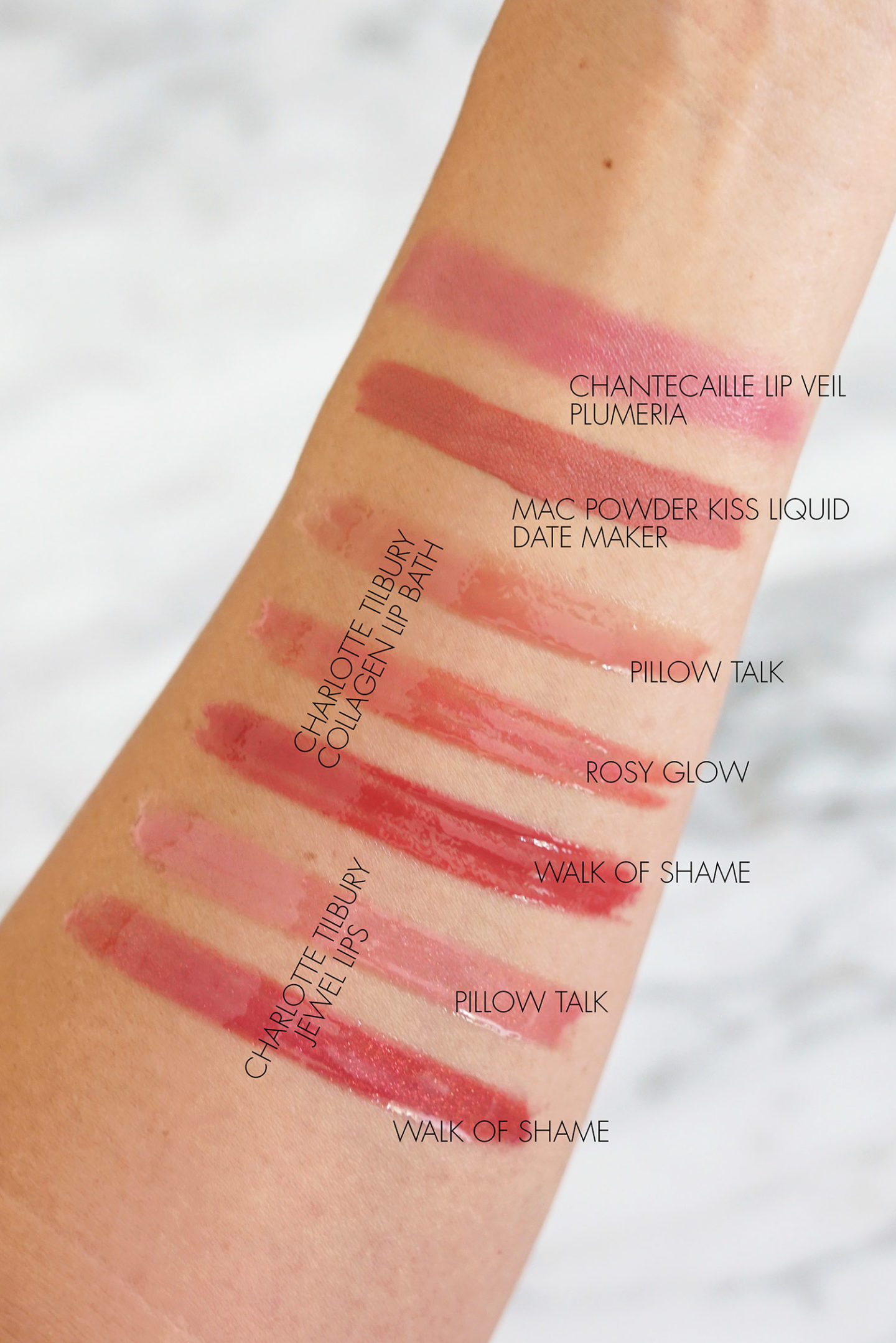 Rose Lip Swatches Chantecaille, MAC, Charlotte Tilbury Collagen Lip Bath