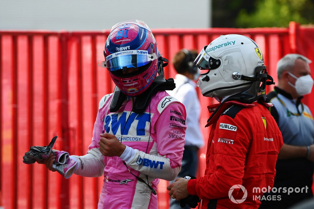 Lance Stroll, Racing Point, Sebastian Vettel, Ferrari, au Parc Ferme