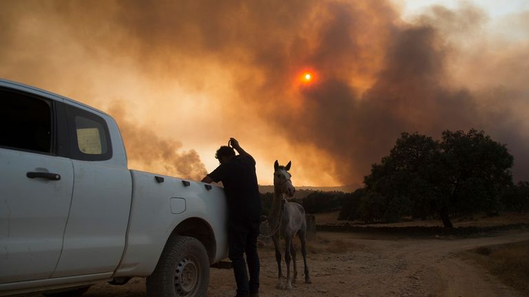 La fumée s'échappe d'un feu de forêt sur El Buitron à Huelva, Andalousie