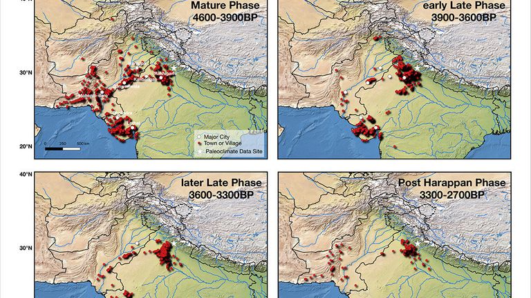 Cette figure montre les établissements de la civilisation de la vallée de l'Indus au cours des différentes phases de son évolution.  Le professeur adjoint du RIT Nishant Malik a développé une méthode mathématique qui montre que le changement climatique a probablement causé la montée et la chute de l'ancienne civilisation.  Crédit: Rochester Institute of Technology