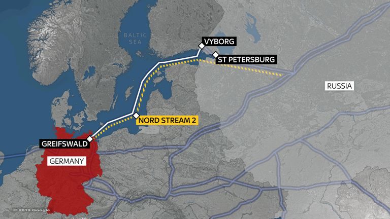 Une carte montrant l'itinéraire Nord Stream 2