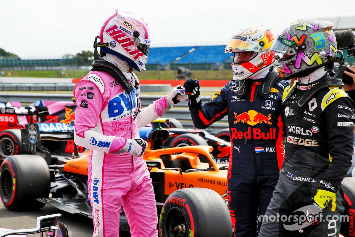 Nico Hulkenberg, Racing Point célèbre au Parc Ferme avec Max Verstappen, Red Bull Racing et Daniel Ricciardo, Renault F1