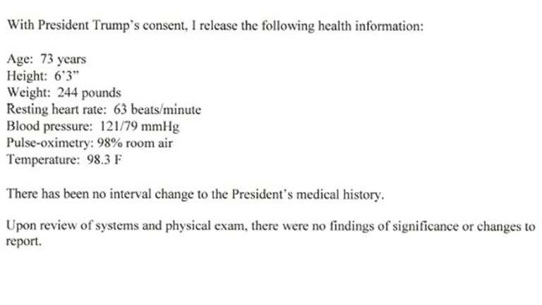 Les résultats de l'examen physique de Donald Trump par son médecin, Sean Conley, qui ont été envoyés à l'attachée de presse de la Maison Blanche Kayleigh McEnany, le 3 juin 2020