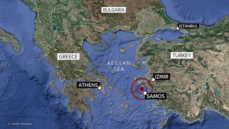 Carte de l'endroit où le séisme de magnitude 7 a frappé la Turquie et les îles grecques le 30/10/2020