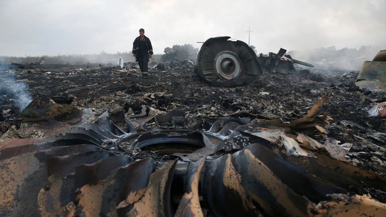 Un membre du ministère des Urgences marche sur le site d'un accident d'avion Boeing 777 de Malaysia Airlines près de l'implantation de Grabovo dans la région de Donetsk, le 17 juillet 2014