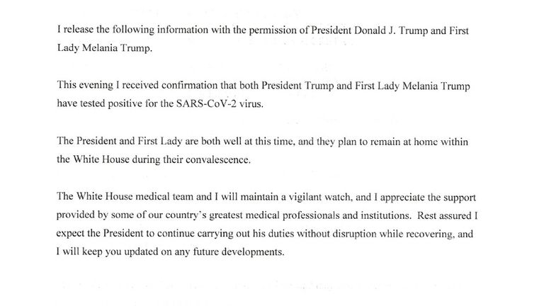 Une lettre du médecin de la Maison Blanche confirmant le test positif du président