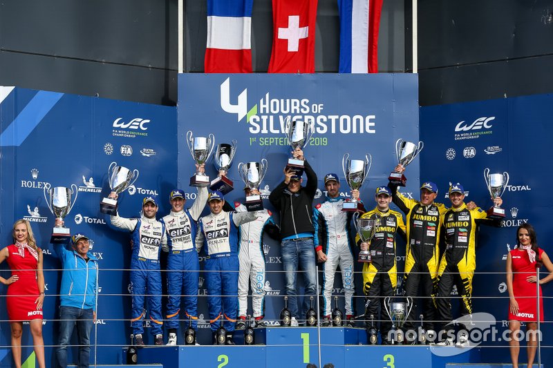 # 42 COOL RACING - Oreca 07 - Gibson: Nicolas Lapierre, Antonin Borga, # 36 SIGNATECH ALPINE ELF - Alpine A470 - Gibson: Andre Negrao, Pierre Ragues, Thomas Laurent, # 29 RACING TEAM NEDERLAND - Oreca 07 - Gibson: Frits Van Eerd , Giedo Van Der Garde, Job Van Uitert, Podium