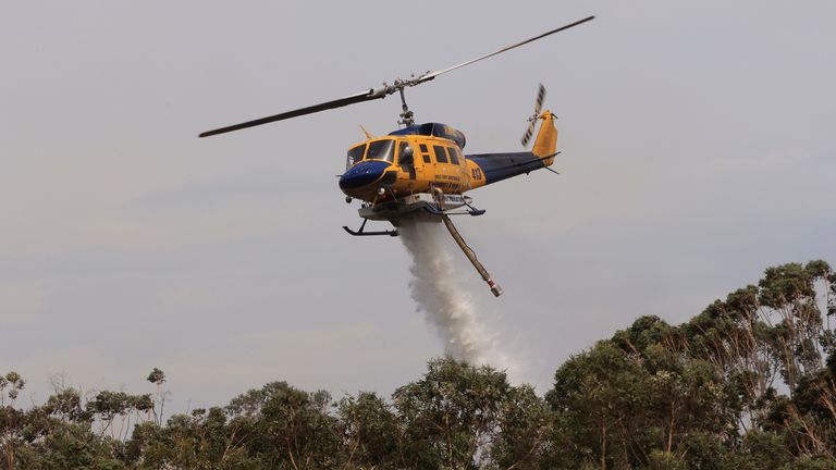 Des hélicoptères sont vus bombarder à l'eau un feu de brousse incontrôlable à Northmead à Sydney, Australie
