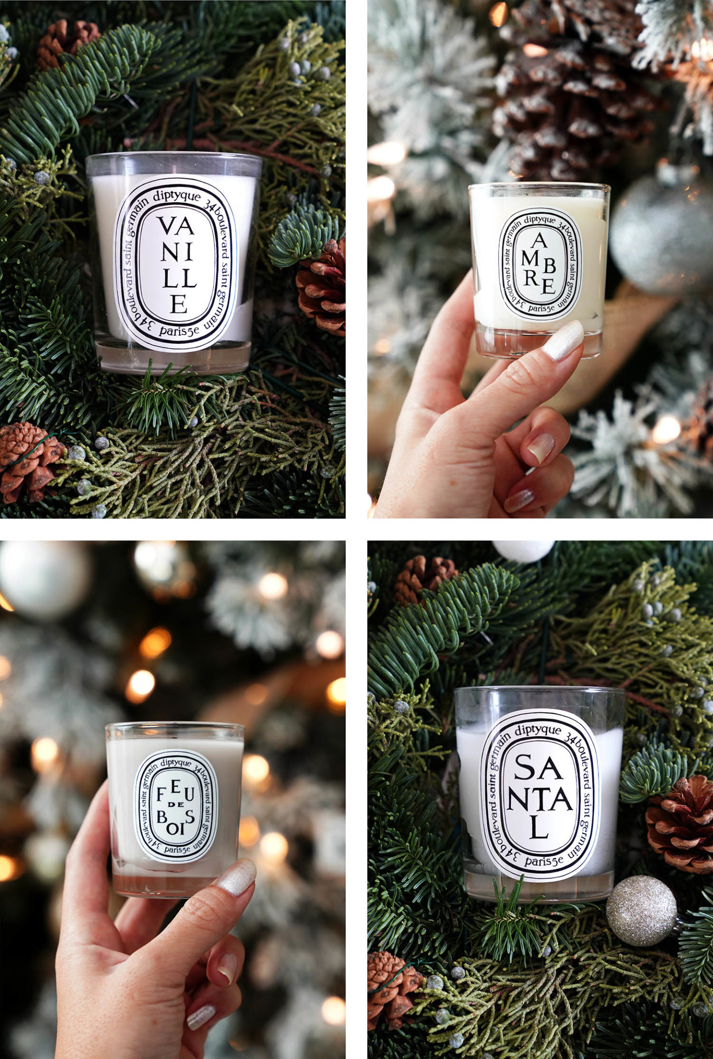 Meilleures bougies diptyques pour Noël Ambre, Santal, Vanille, Feu de Bois