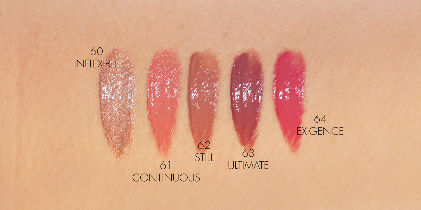 Chanel Rouge Allure Laque 60 Inflexible, 61 Continuous, 62 Still, 63 Ultimate, 64 Exigence Swatches