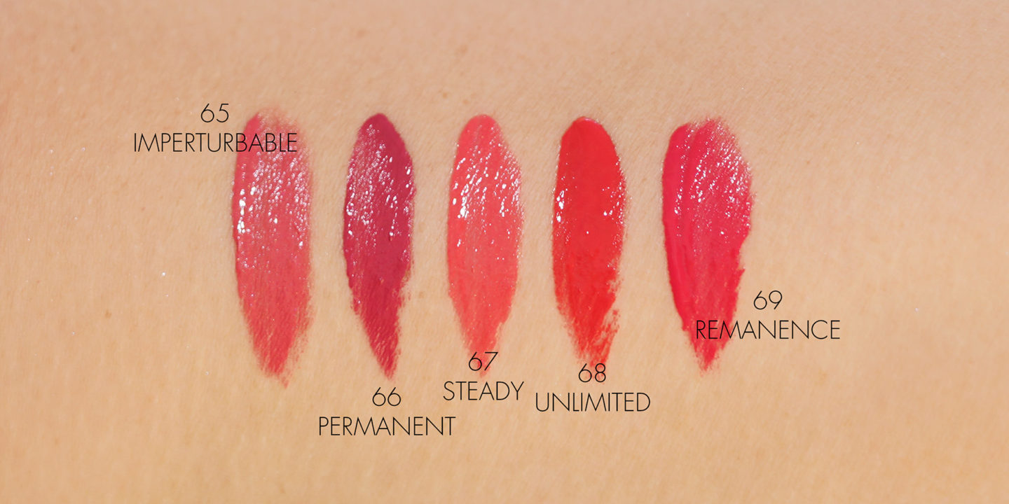 Chanel Rouge Allure Laque 65 imperturbable, 66 permanent, 67 stable, 68 illimité, 69 échantillons de rémanence