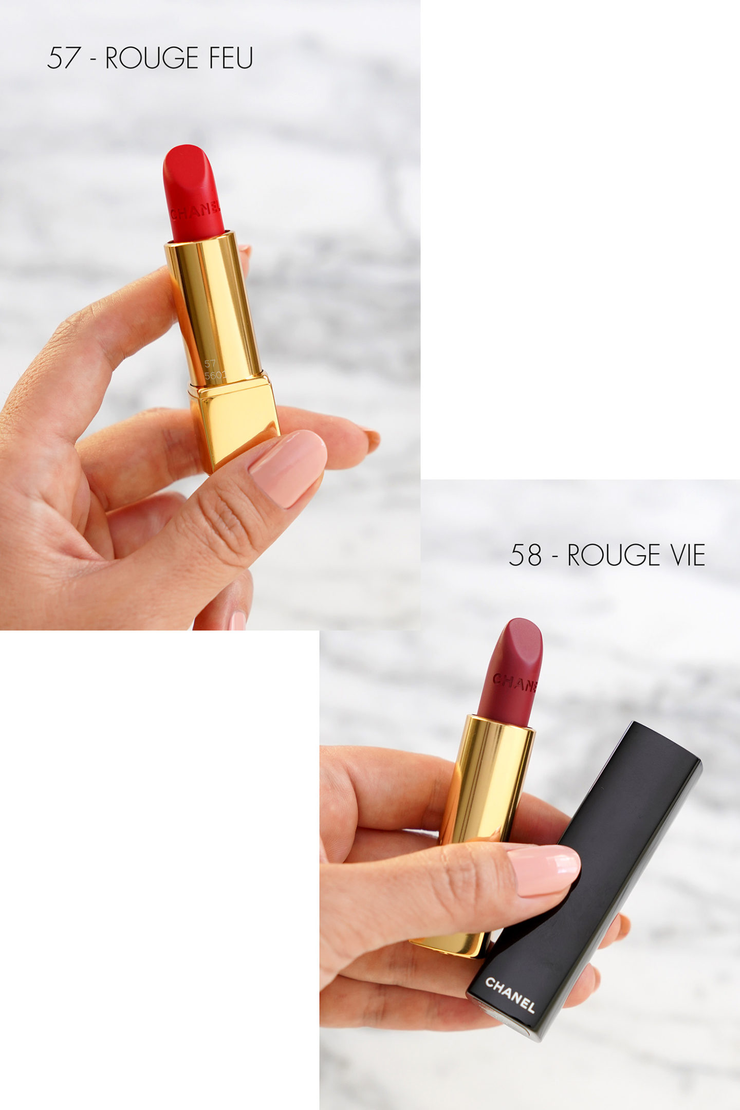 Chanel Rouge Allure Velvet 57 Rouge Feu et 58 Rouge Vie