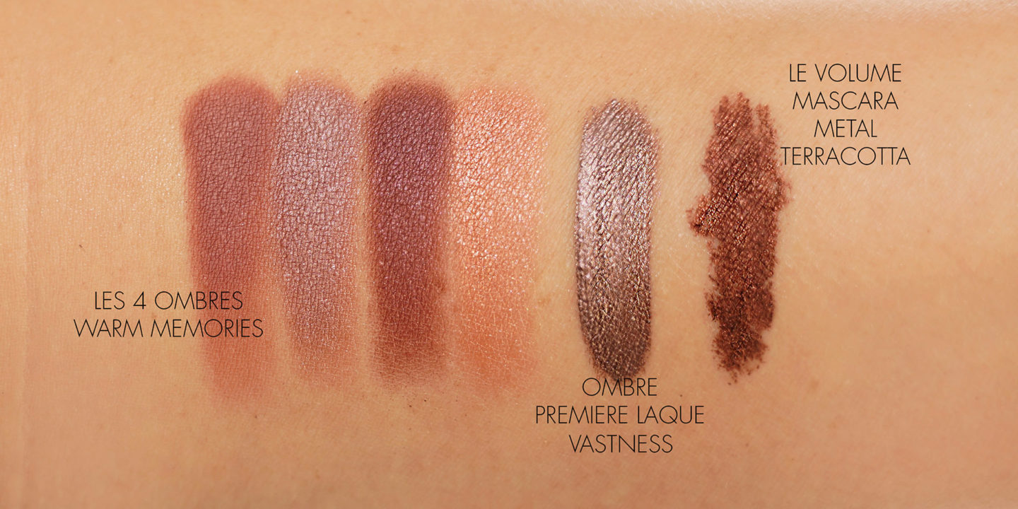 Chanel Les 4 Ombres Eyeshadow Quad en 354 Warm Memories et Le Volume de Chanel en 120 échantillons Metal Terracotta