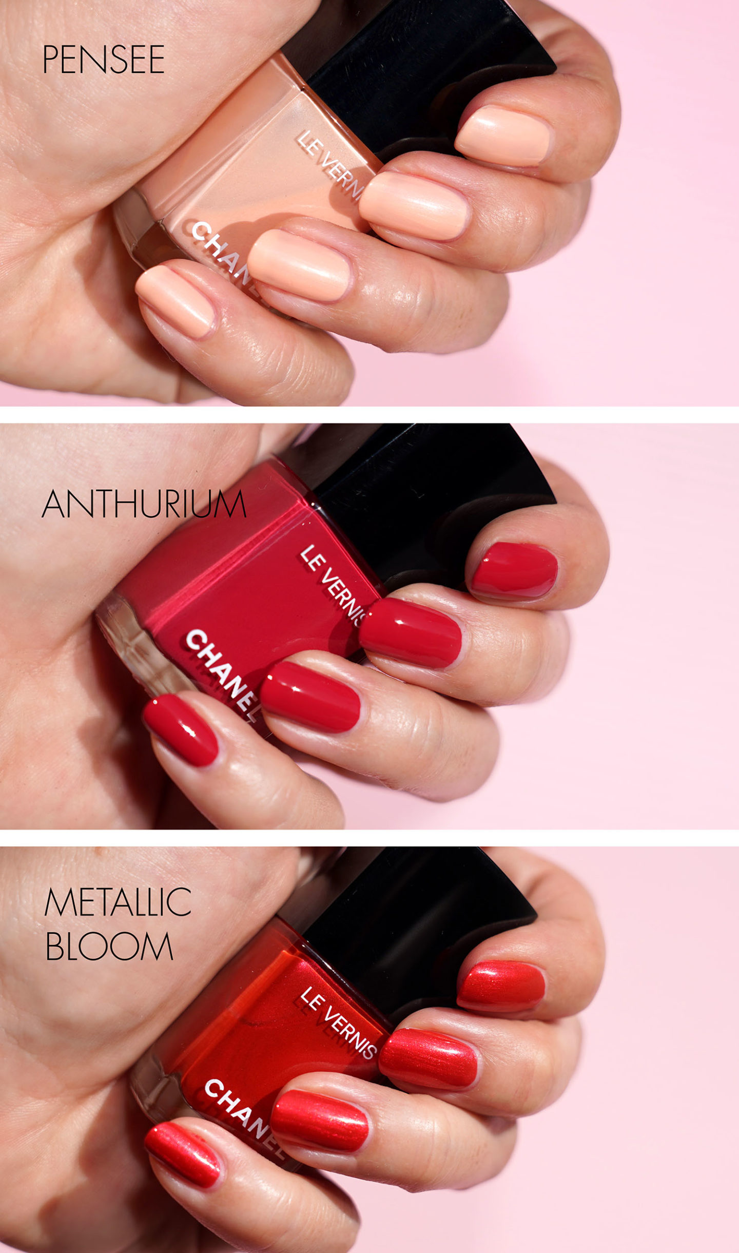 Chanel Le Vernis dans 883 Pensee, 885 Anthurium et 887 Metallic Bloom