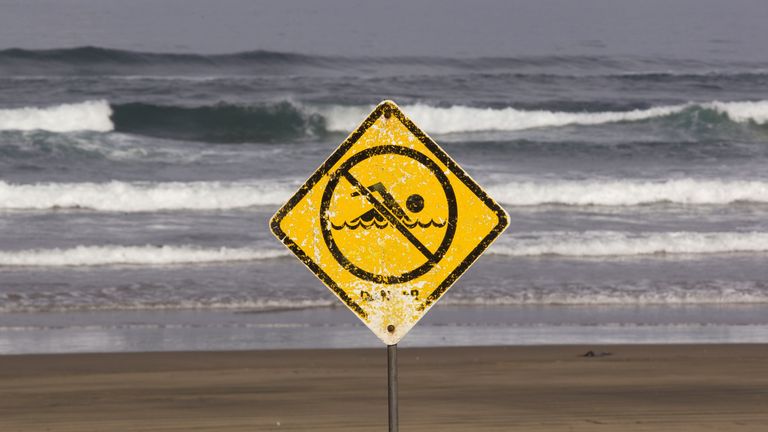 Un signe d'interdiction de baignade s'affiche à Muriwai Beach près d'Auckland, Nouvelle-Zélande, le jeudi 28 février 2013