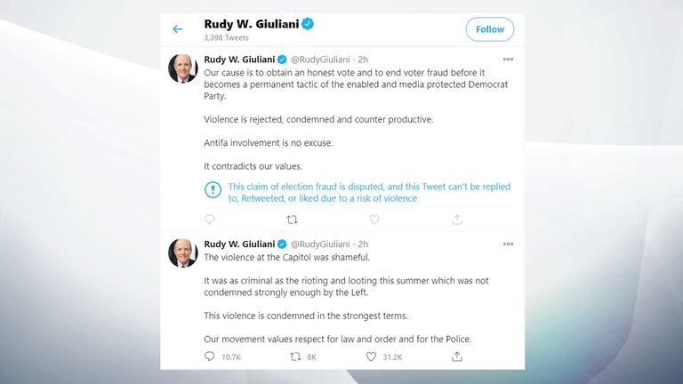 Tweets envoyés par Rudy Giuliani, le matin après les violences au Capitole