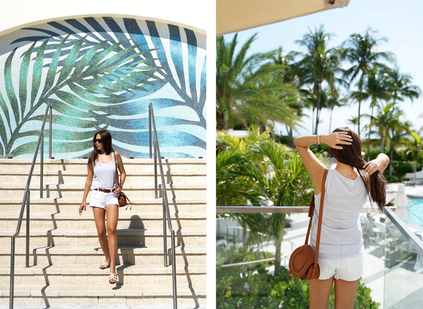 Tenue décontractée de vacances, débardeur bleu pâle Jcrew, short 7 For All Mankind Cutoff, sac Chloe Mini Marcie