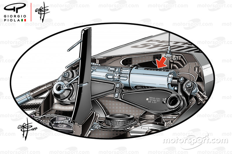 Détail de la suspension avant de la Mercedes AMG F1 W10