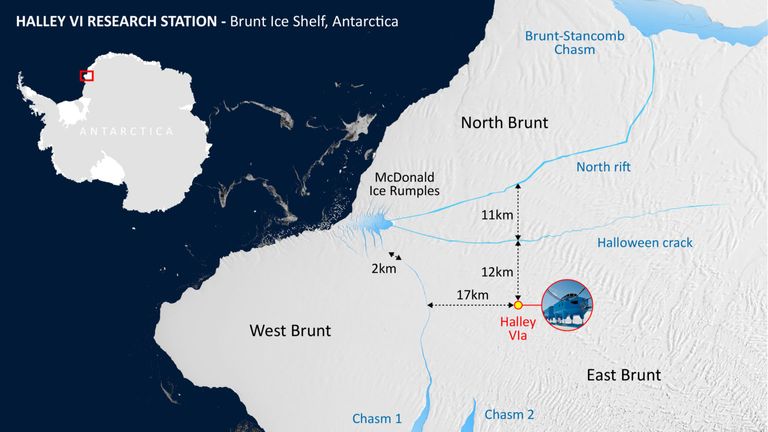 Un graphique montrant où se trouve la plate-forme de glace Brunt sur l'Antarctique.  Pic: Enquête antarctique britannique