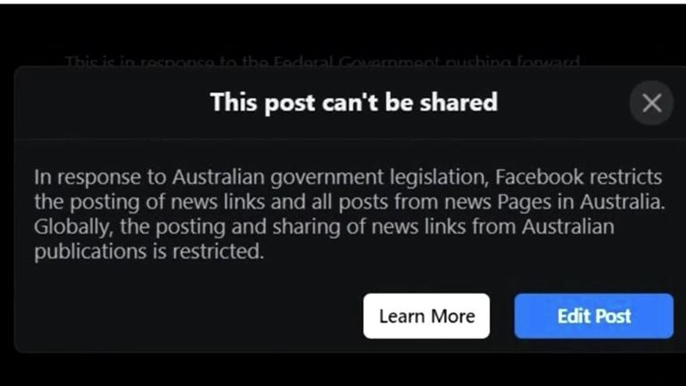 Une image tirée d'une vidéo de Reuters montrant le message que les utilisateurs australiens de Facebook reçoivent lorsqu'ils essaient de partager des actualités