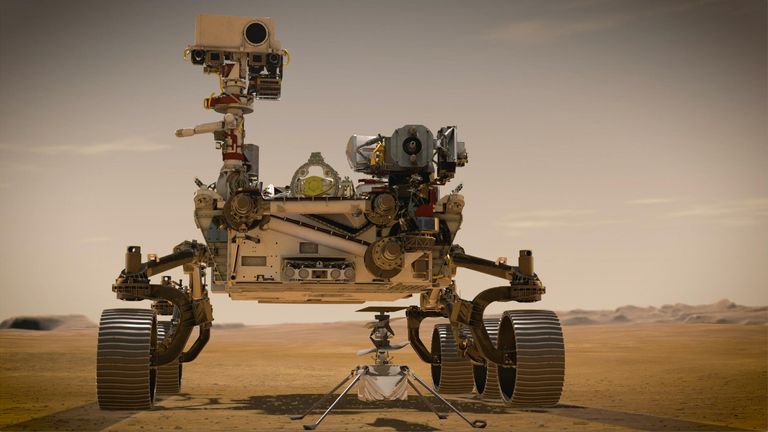 PIA23962: Portrait de persévérance et d'ingéniosité (concept de l'artiste) En février 2021, le rover Mars 2020 Perseverance de la NASA et l'hélicoptère Ingenuity Mars de la NASA (présenté dans le concept d'un artiste) seront les deux nouveaux explorateurs de l'agence sur Mars.  Les deux ont été nommés par les étudiants dans le cadre d'un concours de rédaction.  La persévérance est le rover le plus sophistiqué que la NASA ait jamais envoyé sur Mars.  Ingenuity, une expérience technologique, sera le premier avion à tenter un vol contrôlé sur une autre planète.  La persévérance va 
