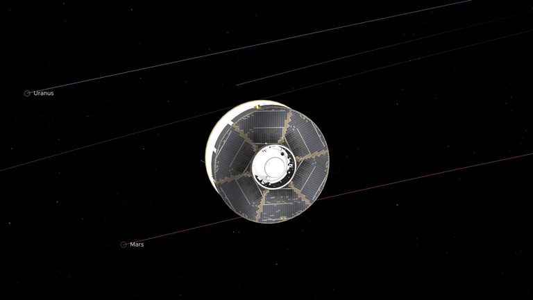 Cette illustration du vaisseau spatial Mars 2020 dans l'espace interplanétaire a été générée à l'aide d'images des yeux de la NASA sur le système solaire.  L'image provient du point médian de la mission entre la Terre et Mars.  Crédit: NASA / JPL-Caltech