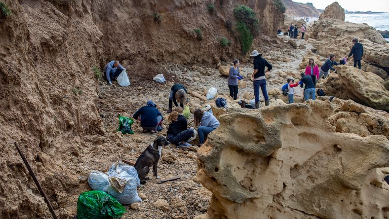Les gens nettoient le goudron d'un déversement de pétrole dans la mer Méditerranée dans la réserve naturelle de Gador près de Hadera, Israël, samedi 20 février 2021. Des centaines de volontaires participent à une opération de nettoyage du littoral israélien alors que des enquêtes sont en cours pour déterminer la cause de une marée noire qui menace la plage et la faune, dans la réserve naturelle de Gador, près de la ville nordique de Hadera, les poissons enduits de goudron, les tortues et autres créatures marines.  (Photo AP / Ariel Schalit)