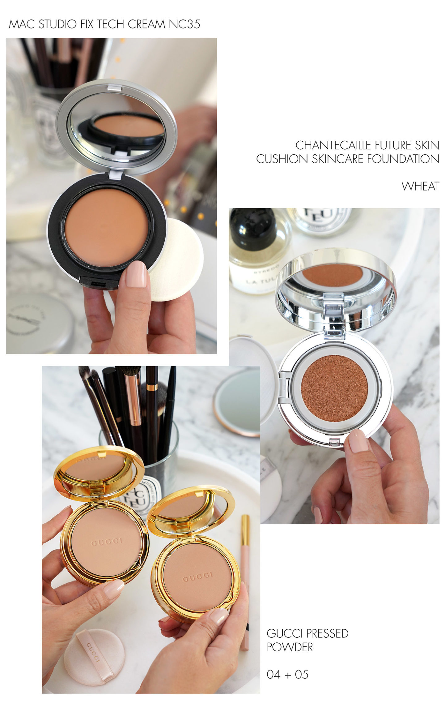 MAC Studio Fix Tech Cream NC35, Coussin Chantecaille Future Skin, Gucci Pressed Powder