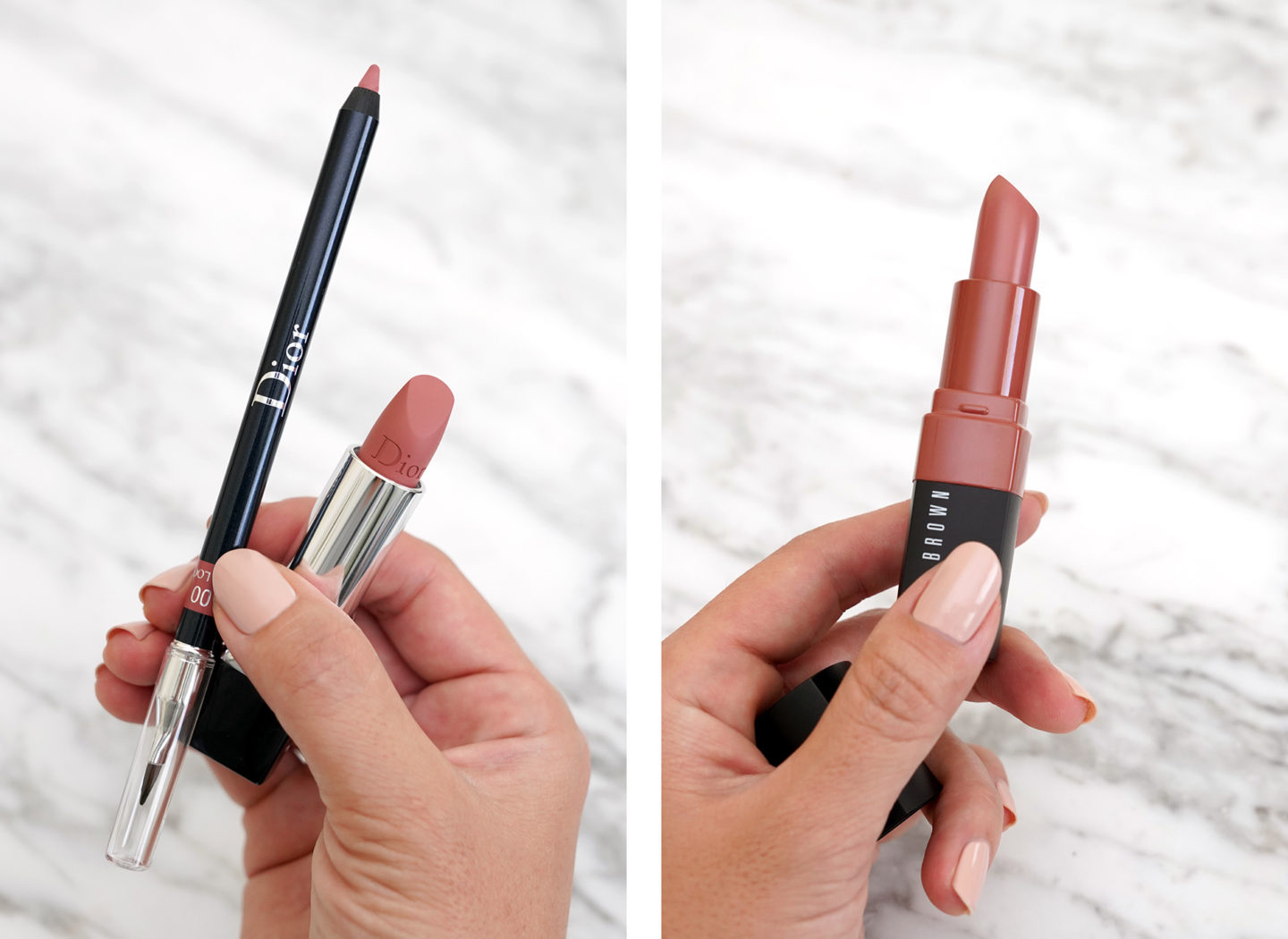Dior Nude Look Lipstick and Liner et Bobbi Brown écrasé en chamois