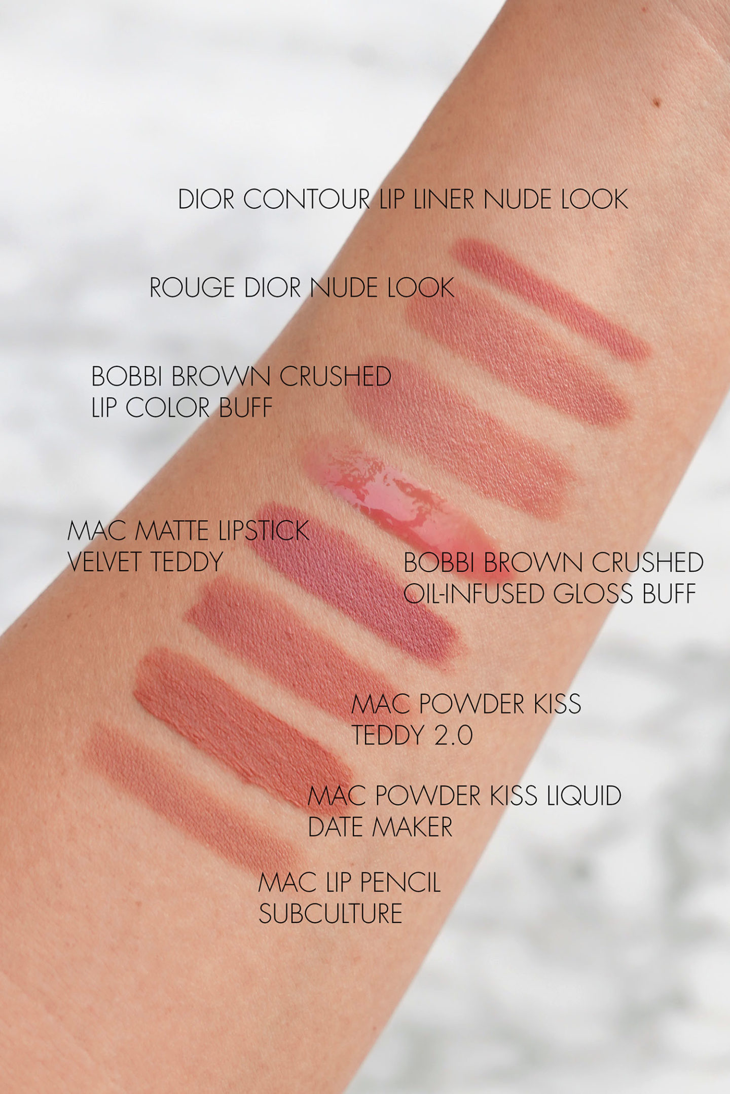 Échantillons de lèvres neutres Dior, Bobbi Brown, MAC