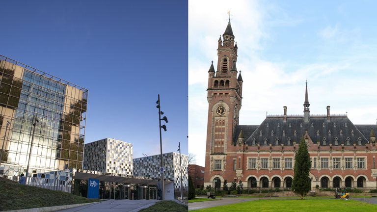 La Cour internationale de Justice, à droite, et la Cour pénale internationale, à gauche, se trouvent toutes deux aux Pays-Bas.