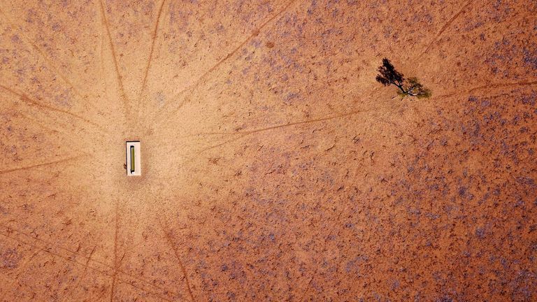 Un arbre isolé se trouve près d'un abreuvoir dans un enclos touché par la sécheresse sur la propriété de Jimmie et May McKeown située à la périphérie de la ville de Walgett, en Nouvelle-Galles du Sud, Australie, le 20 juillet 2018