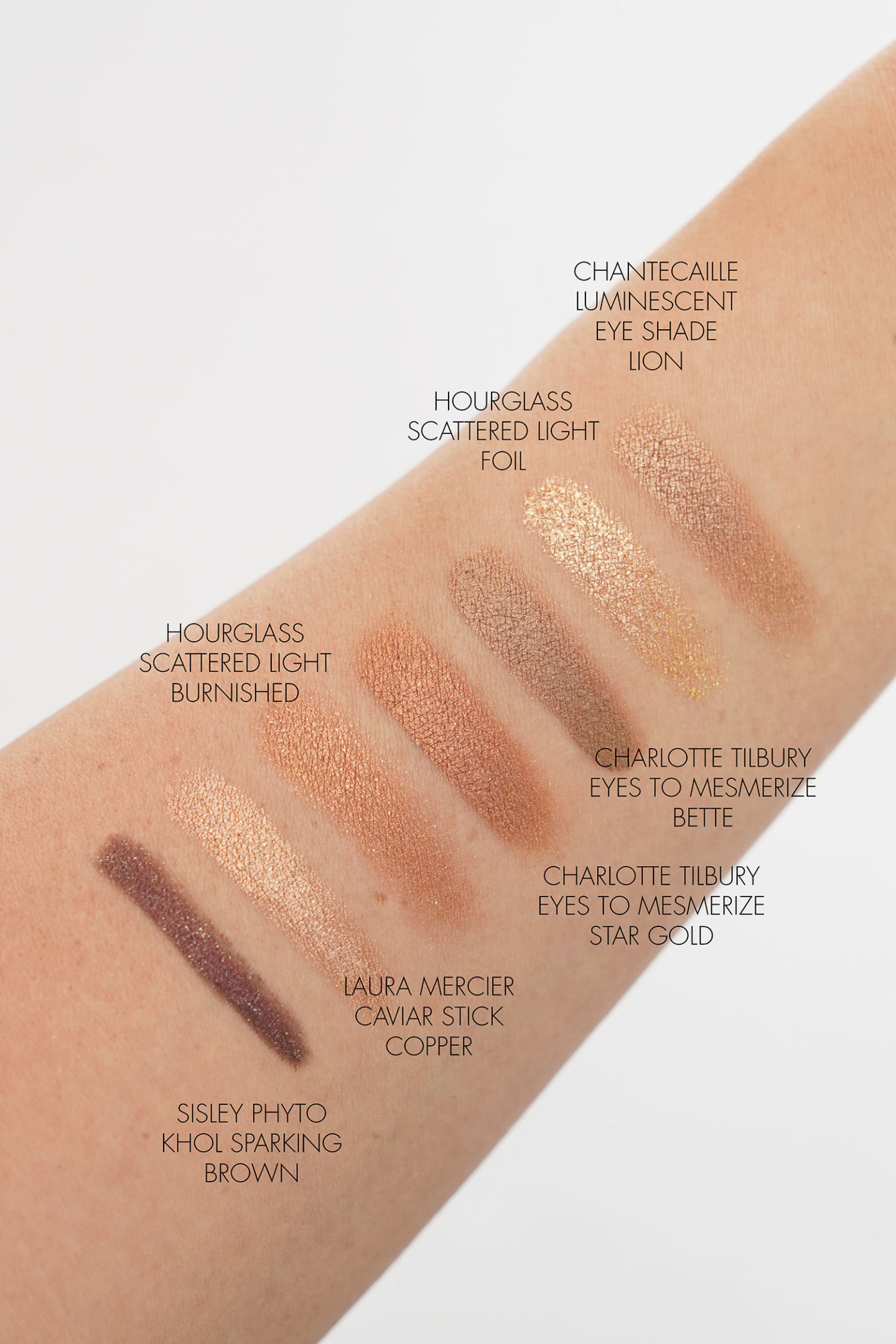 Ombres à paupières bronze cuivré Laura Mercier, Hourglass, échantillons Charlotte Tilbury