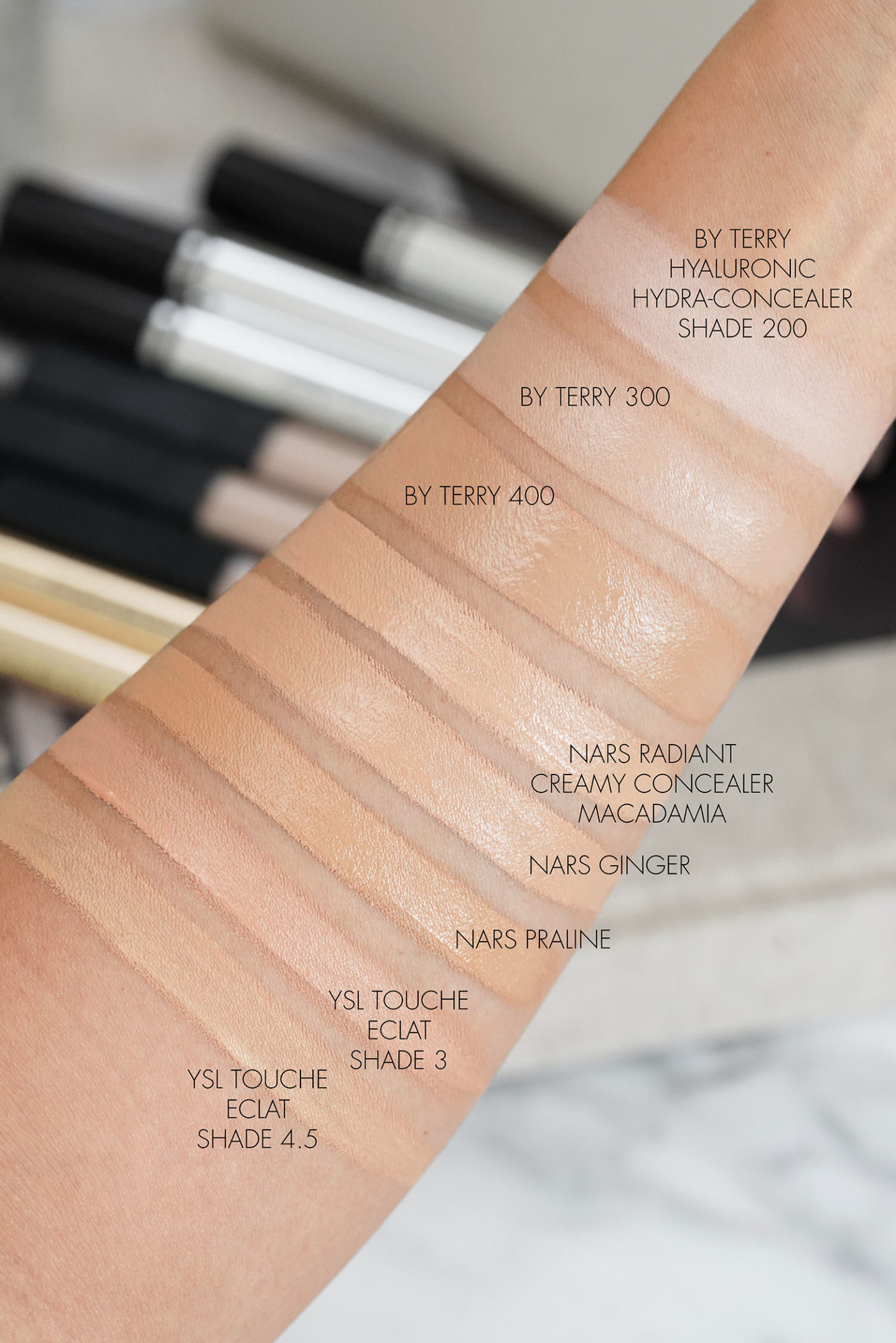 Échantillons de correcteur par Terry, NARS Macadamia, Ginger, YSL Touche Eclat 3 et 4.5