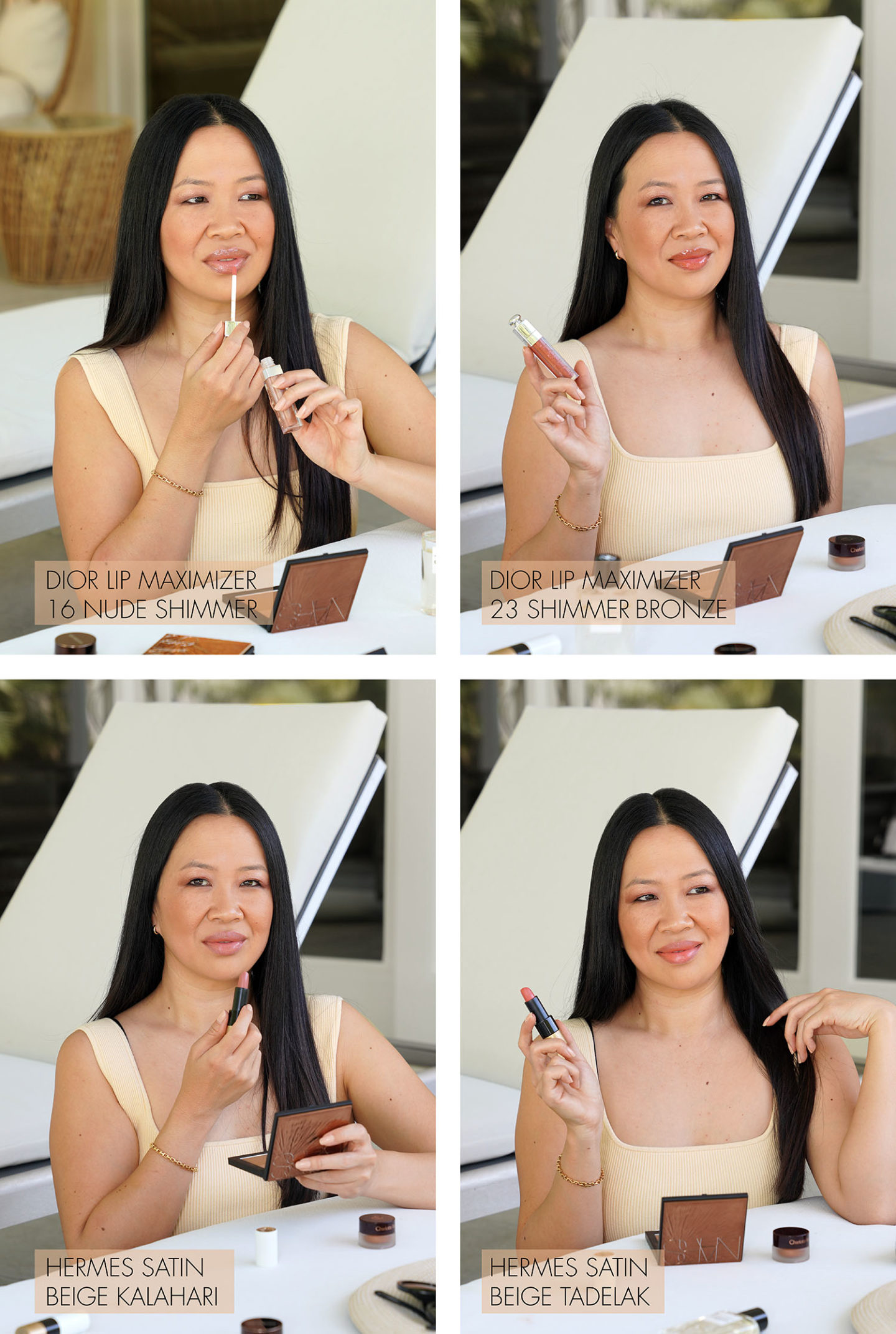 Dior Lip Maximizer Nude Shimmer, Bronze Shimmer, Rouge à lèvres Hermes Beige Kalahari et Beige Tadelak