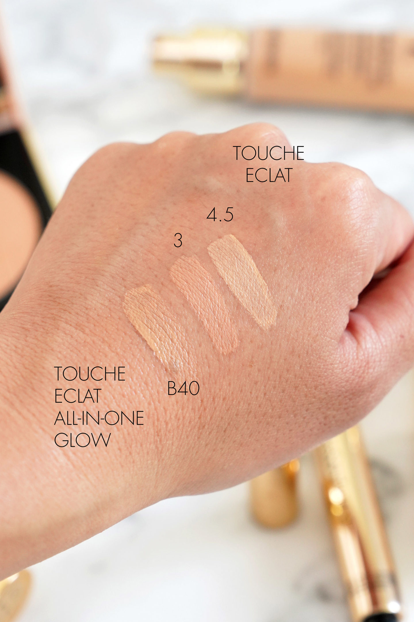 YSL Touche Eclat Glow Tint B40 et cache-cernes teintes 3 et 4,5