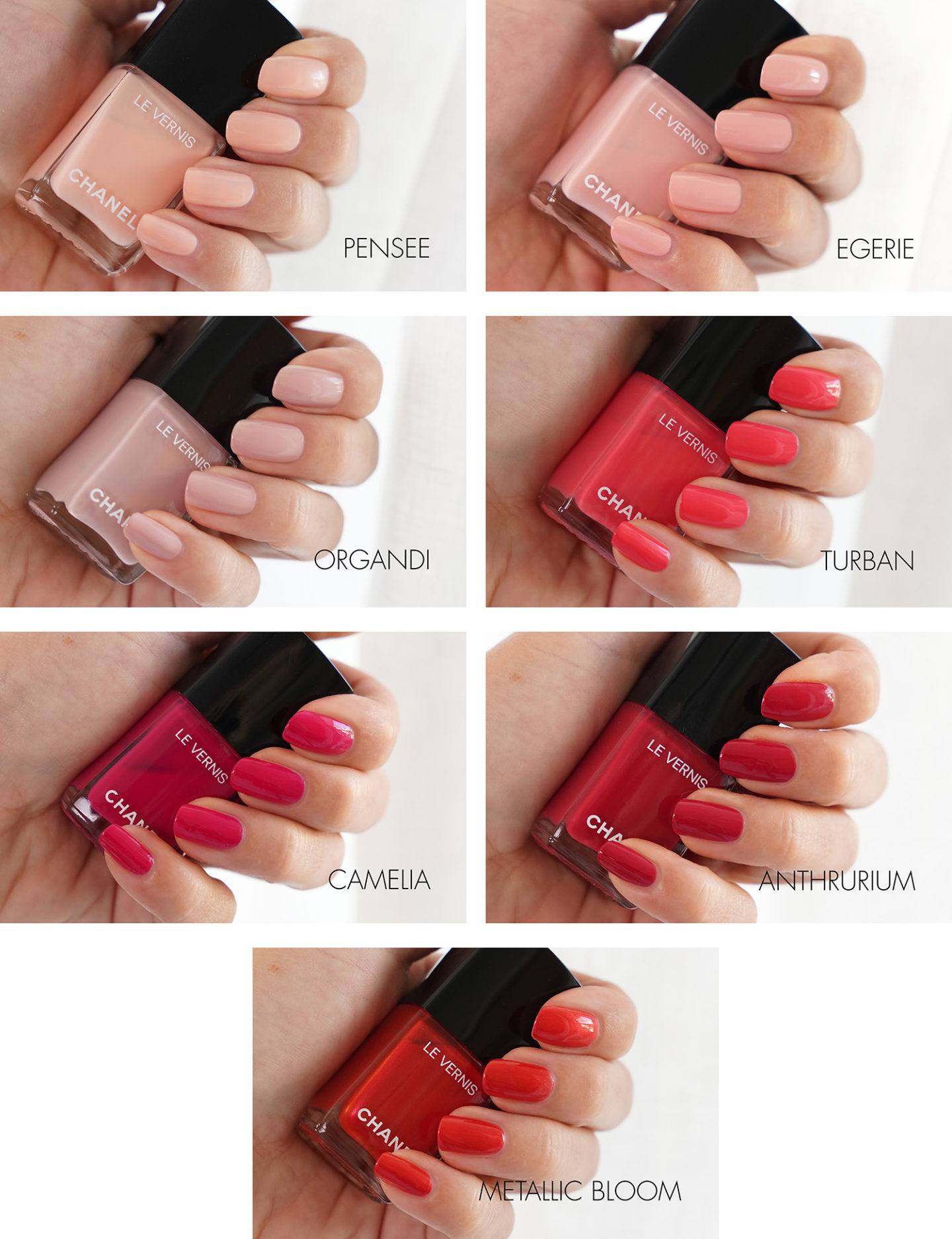 Swatches Chanel Le Vernis Pensee, Egerie, Organdi, Turban, Camelia, Anthurium, Metallic Bloom