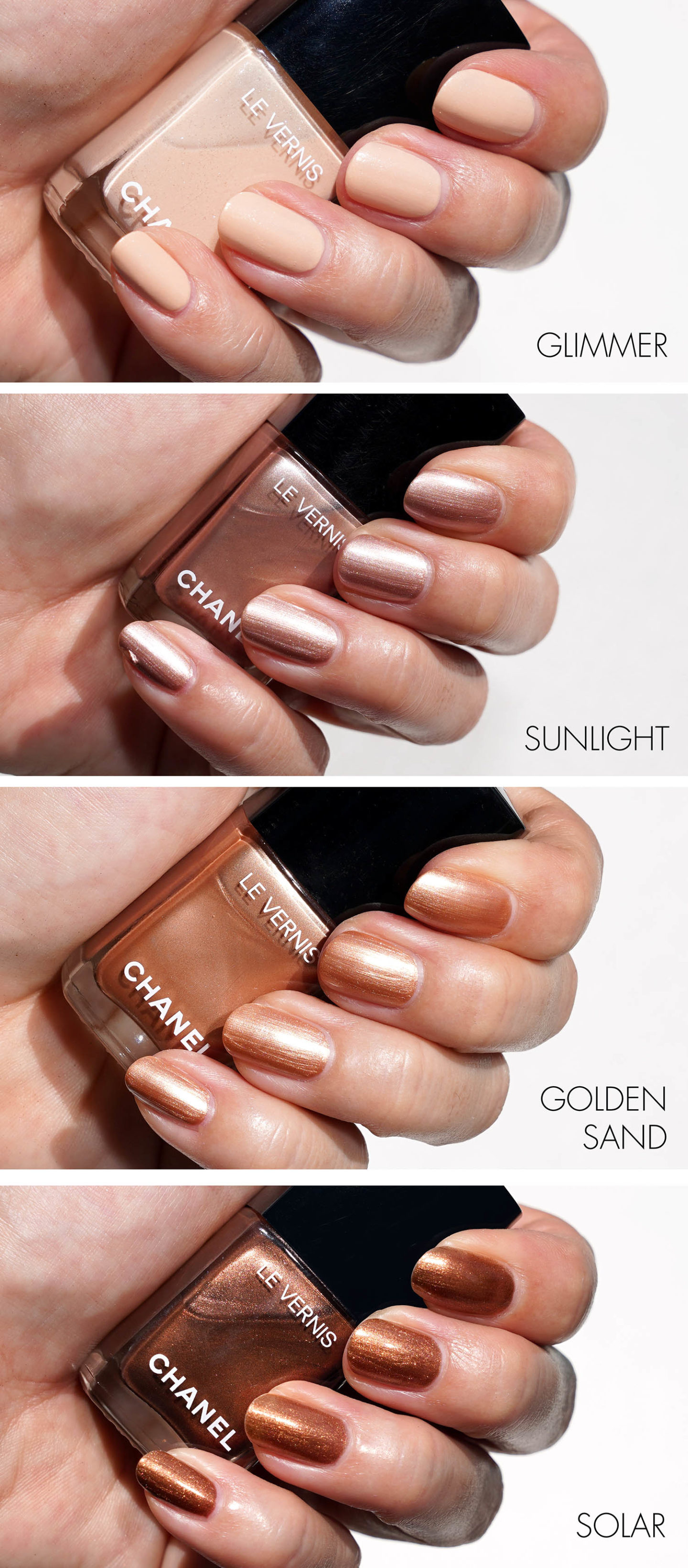 Chanel Les Beiges Le Vernis Glimmer, Sunlight, Golden Sand et Solar Swatches