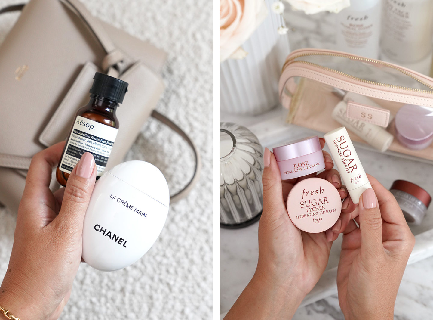 Sacs à main essentiels : désinfectant pour les mains Aesop, crème pour les mains Chanel, baumes à lèvres frais