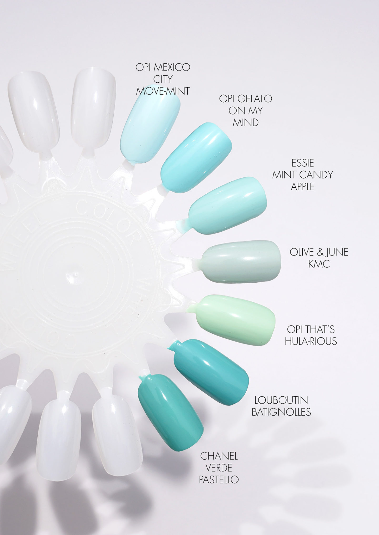 Échantillons de vernis à ongles menthe, Essie, OPI, Chanel