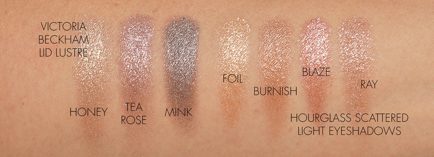 Échantillons Victoria Beckham Lid Lustres Honey et Tea Rose vs Hourglass Scattered Light