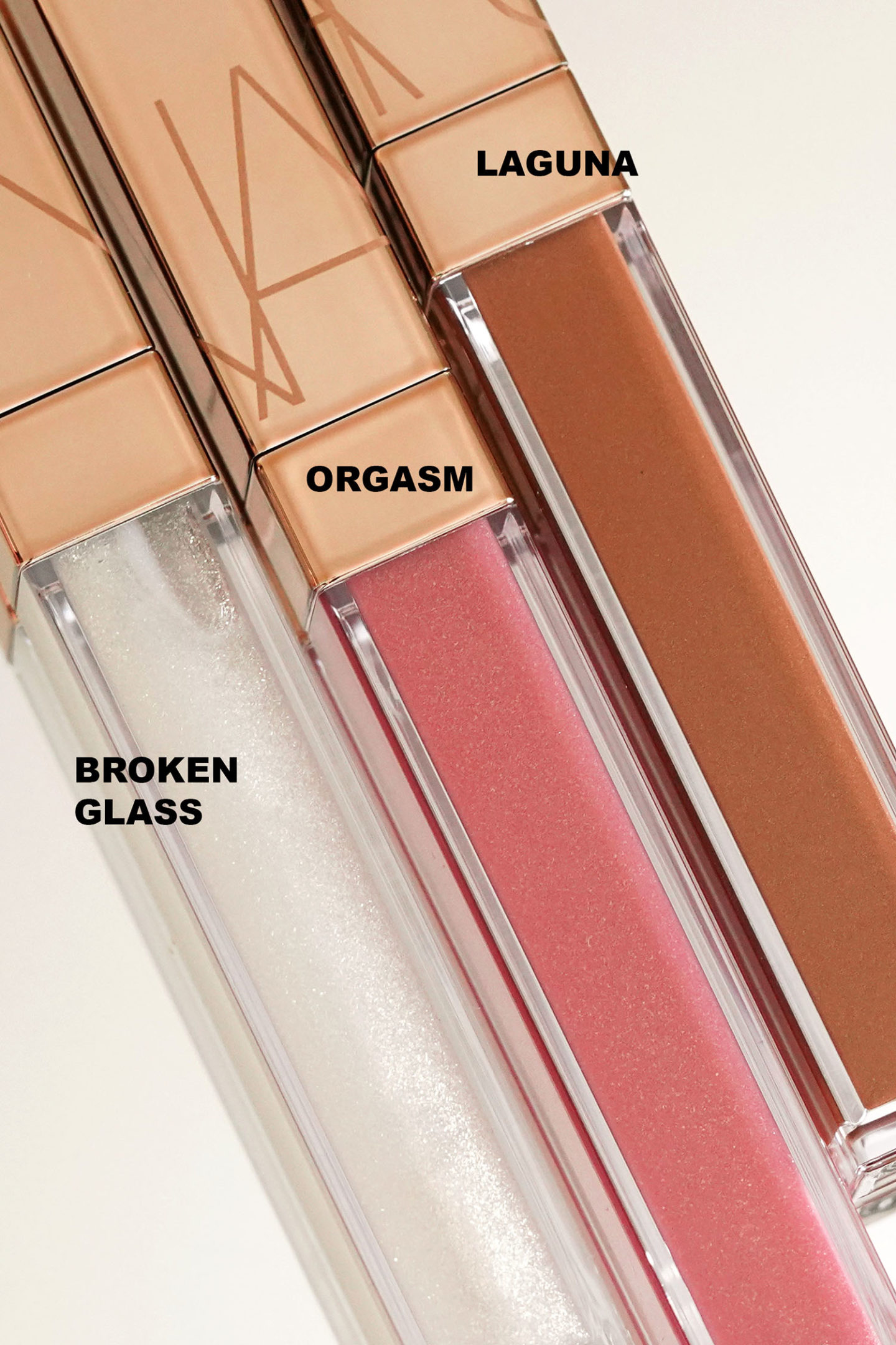NARS Afterglow Lip Shine Trio Verre brisé, Orgasme, Laguna