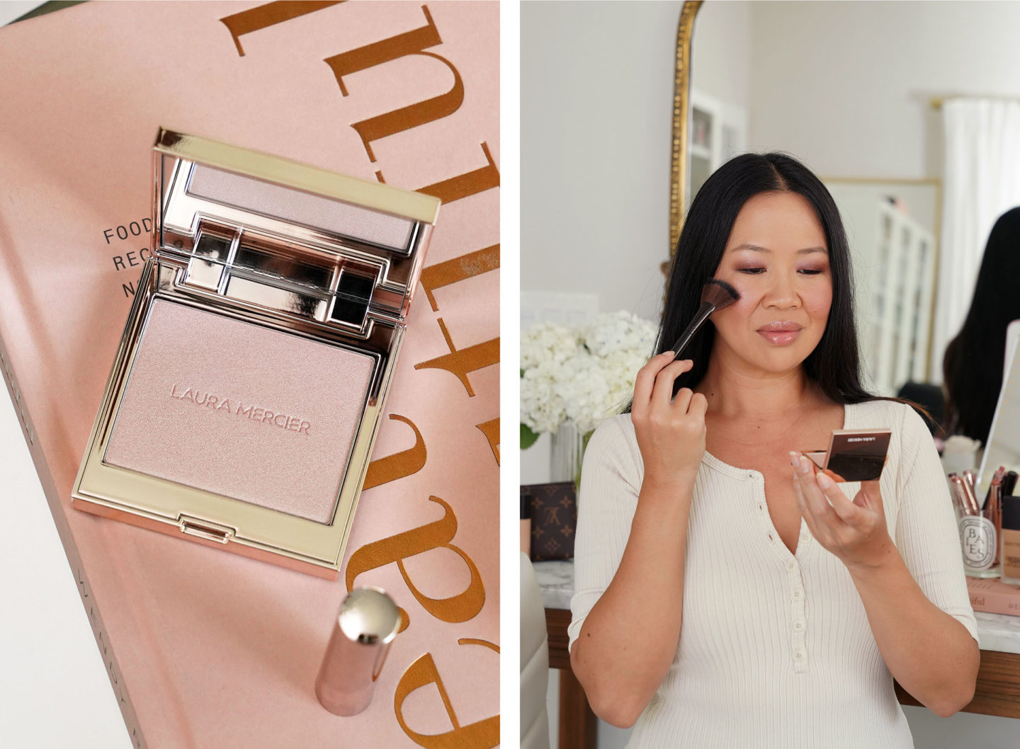 Poudre illuminatrice Laura Mercier en look Rose Glow