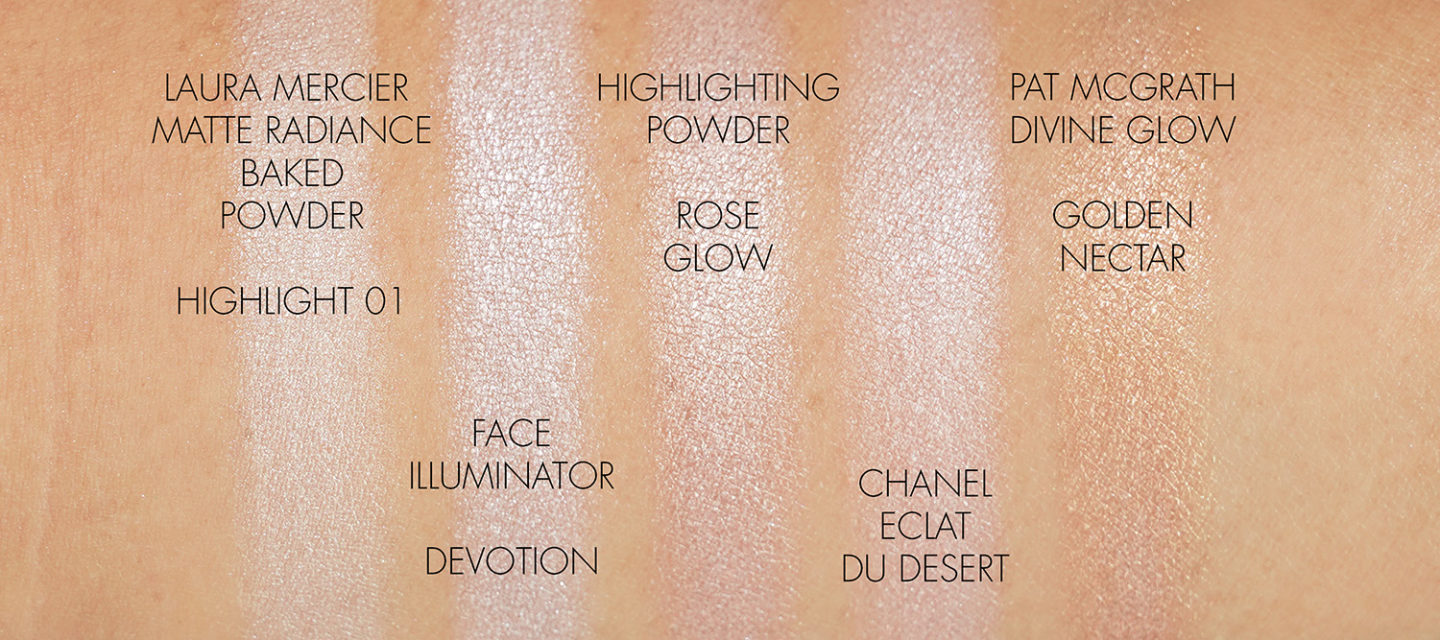 Échantillons de surligneur rose pâle Chanel, Laura Mercier, Pat McGrath