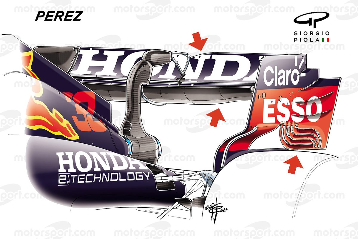 Sergio Perez, détail de l'aileron arrière Red Bull Racing RB16B