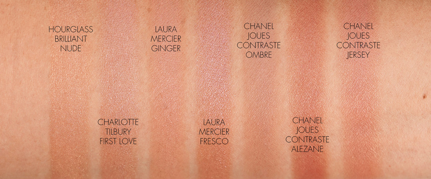 Nuancier Blush Neutre Chanel Ombre, Hourglass Brillant Nude, Charlotte Tilbury First Love, Laura Mercier Fresco