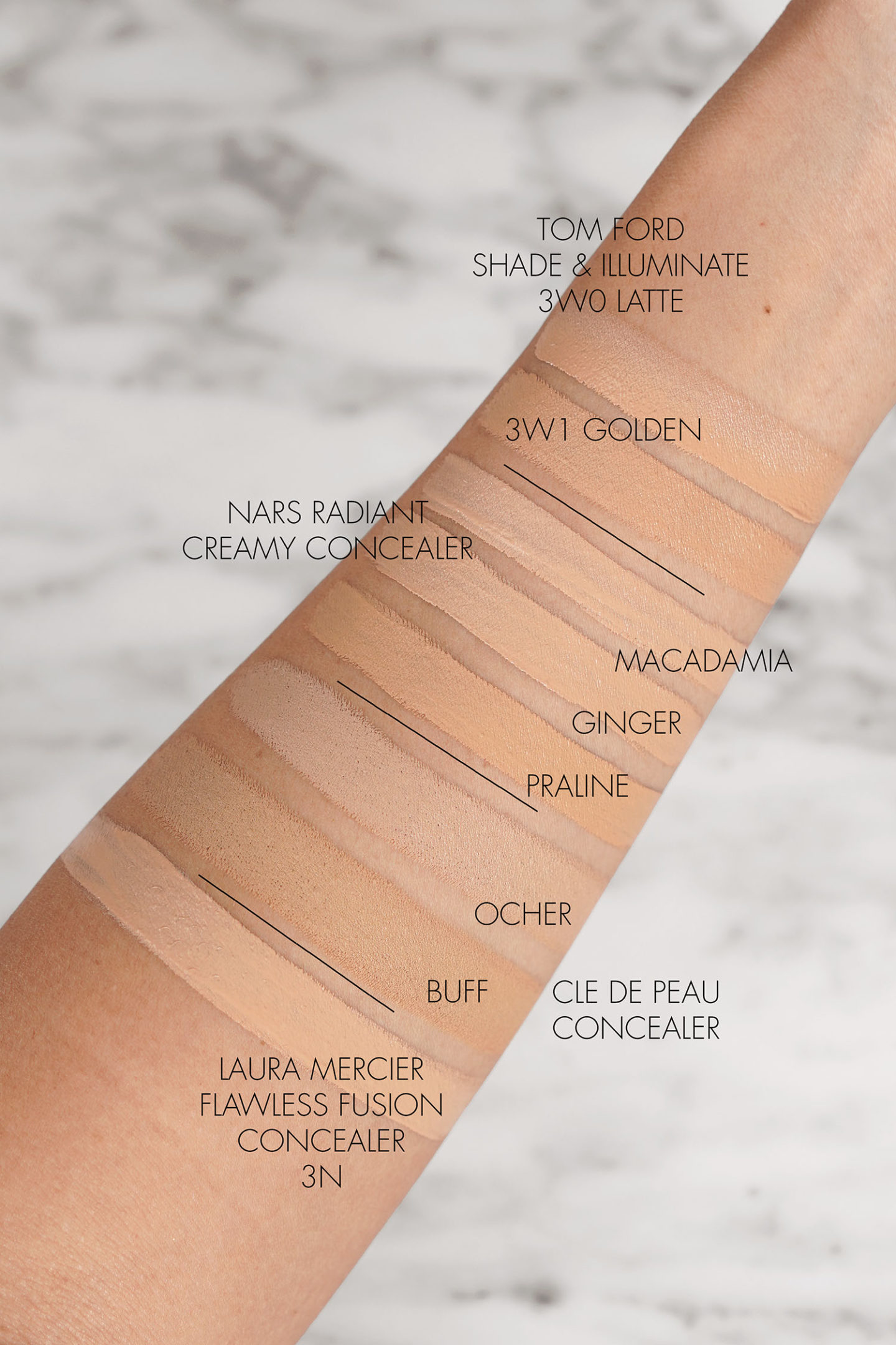 Tom Ford Shade Illuminate Concealer vs NARS Radiant Creamy Concealer, Cle de Peau Concealer et Laura Mercier Flawless Fusion