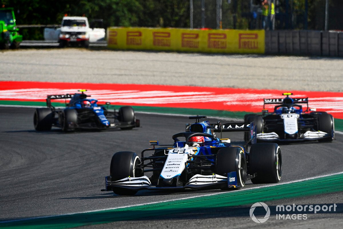George Russell, Williams FW43B, Nicholas Latifi, Williams FW43B et Esteban Ocon, Alpine A521