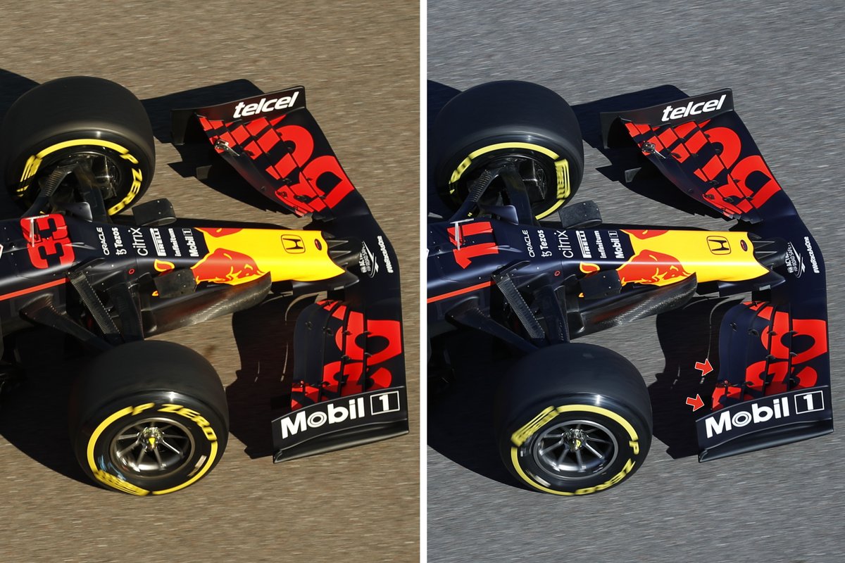 Comparatif de l'aileron avant de la Red Bull RB16B