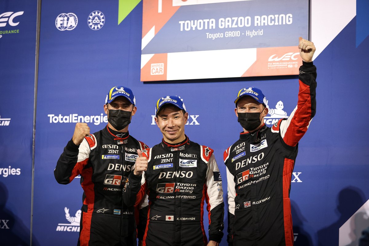 Podium : Vainqueur de la course #7 Toyota Gazoo Racing Toyota GR010 - Hybride : Mike Conway, Kamui Kobayashi, Jose Maria Lopez